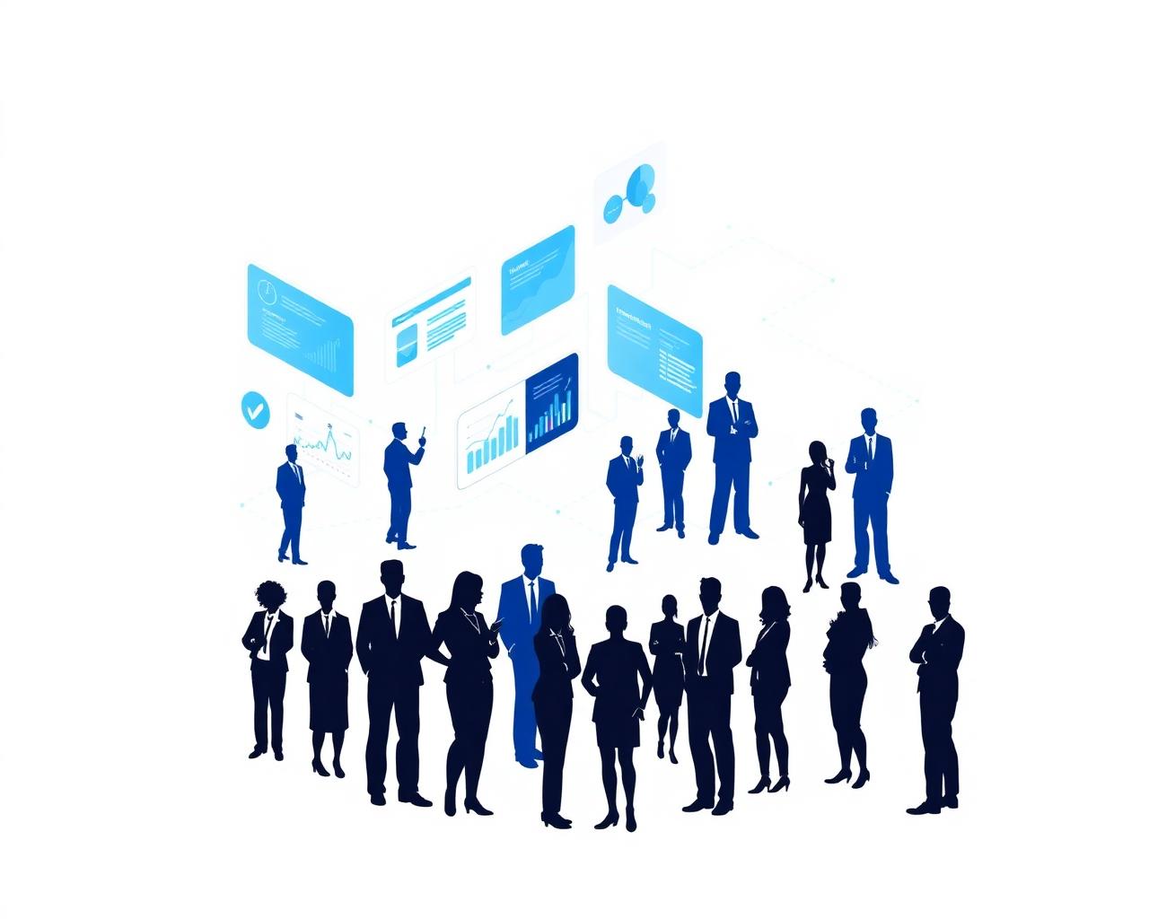 Diverse professionals collaborating with dashboards and analytics
